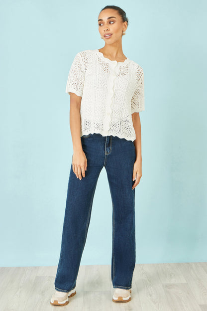 White Crochet Short Sleeve Cardigan - Bascora