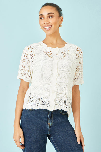 White Crochet Short Sleeve Cardigan - Bascora