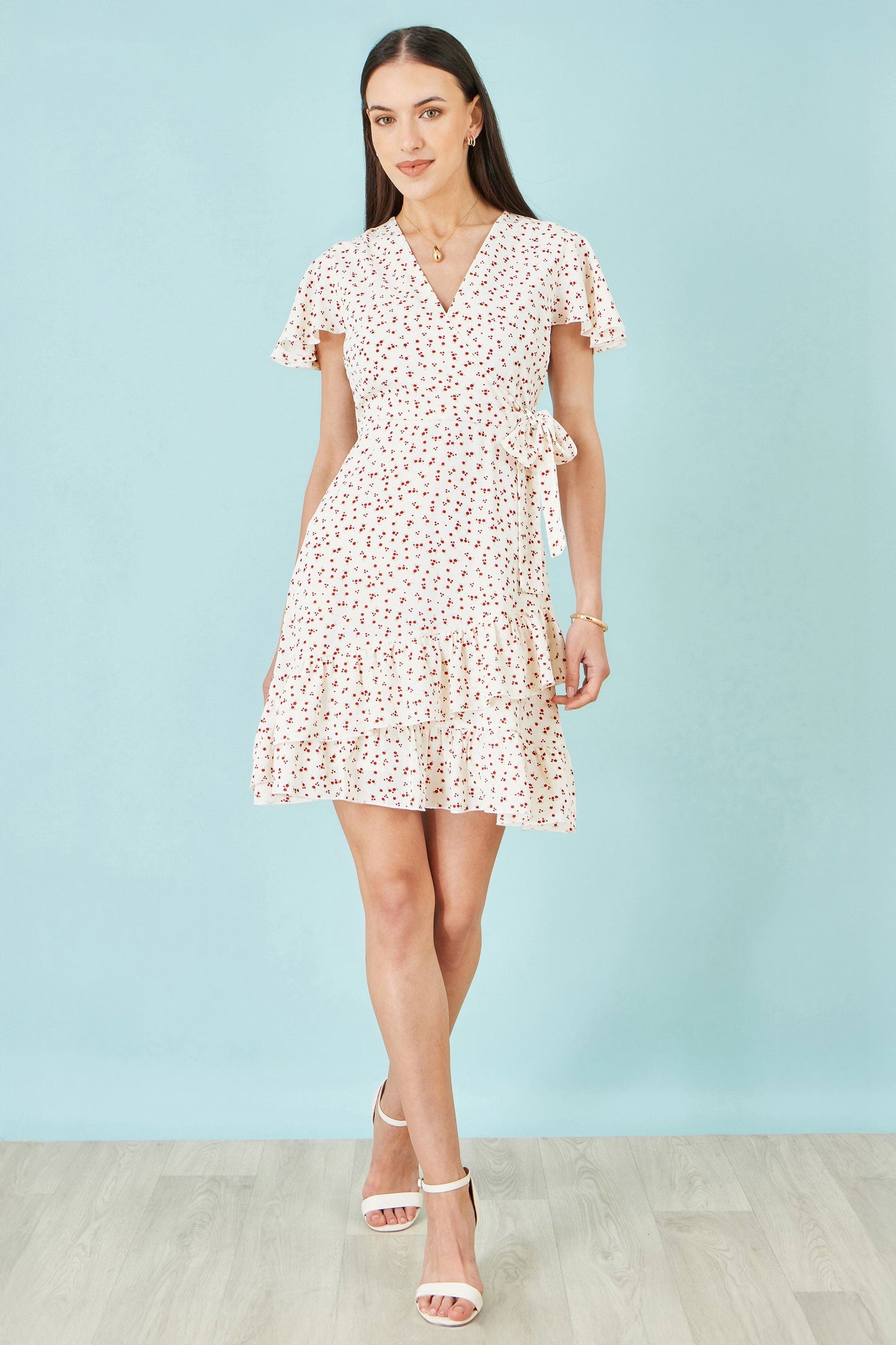 White Ditsy Print Frill Wrap Dress - Bascora