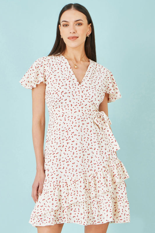 White Ditsy Print Frill Wrap Dress - Bascora