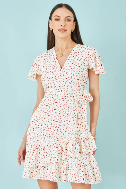 White Ditsy Print Frill Wrap Dress - Bascora