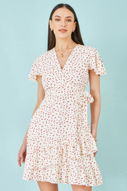White Ditsy Print Frill Wrap Dress - Bascora