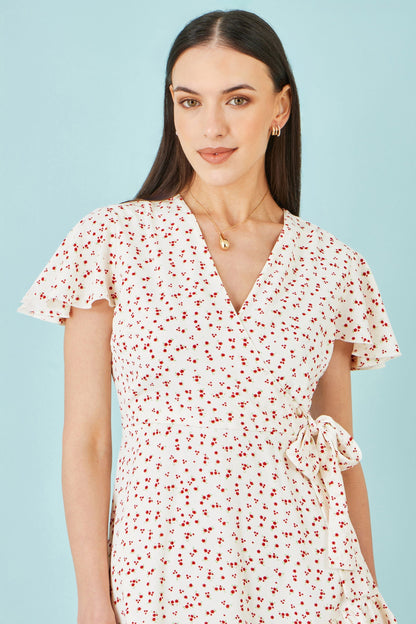 White Ditsy Print Frill Wrap Dress - Bascora