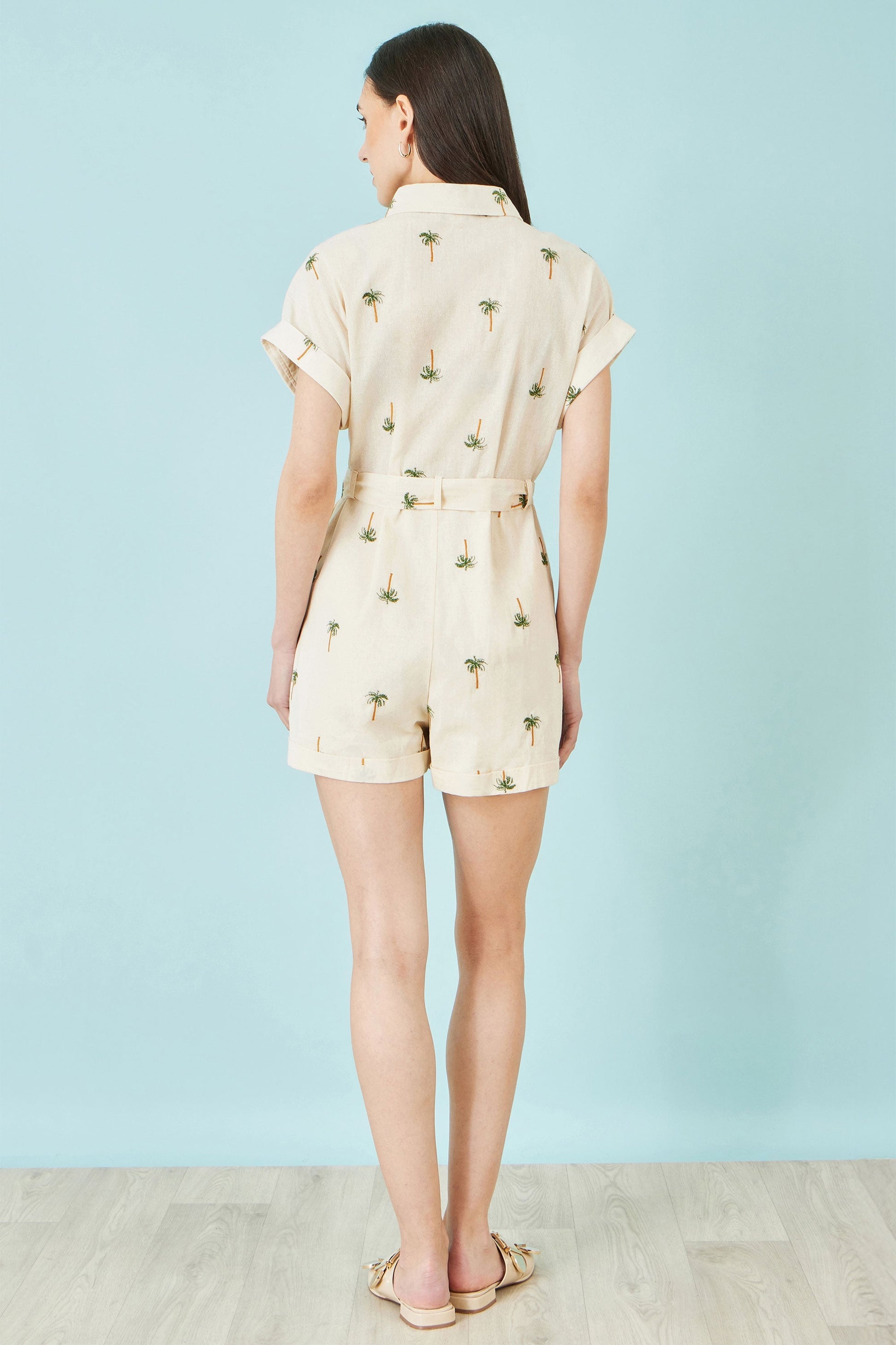 White Embroidered Palm Print Cotton Playsuit - Bascora