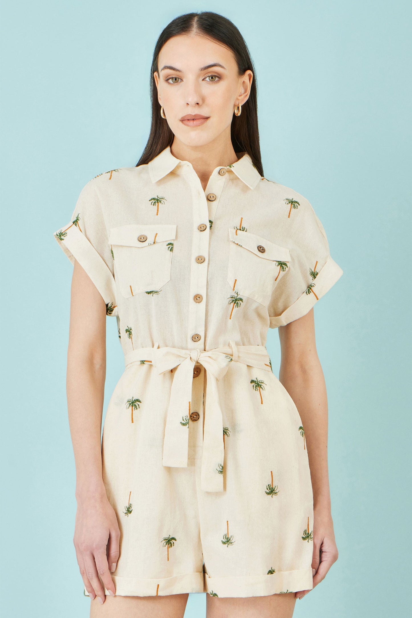 White Embroidered Palm Print Cotton Playsuit - Bascora