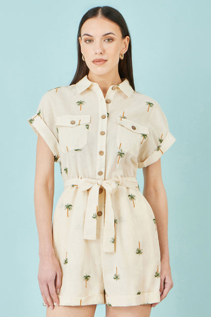 White Embroidered Palm Print Cotton Playsuit - Bascora