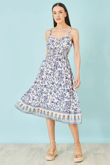 White Floral Border Print Viscose Midi Sun Dress - Bascora