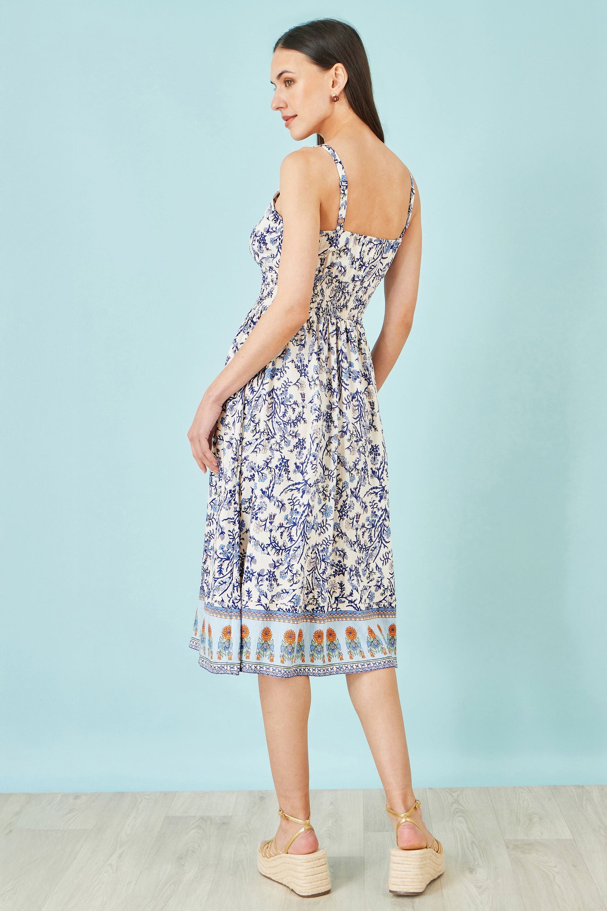 White Floral Border Print Viscose Midi Sun Dress - Bascora