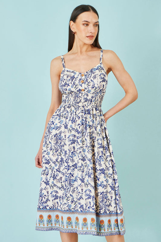 White Floral Border Print Viscose Midi Sun Dress - Bascora