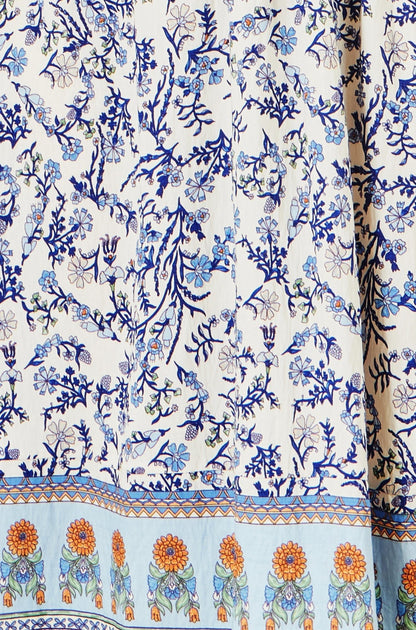 White Floral Border Print Viscose Midi Sun Dress - Bascora