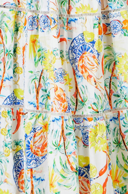 White Mediterranean Print Cotton Midi Sun Dress - Bascora