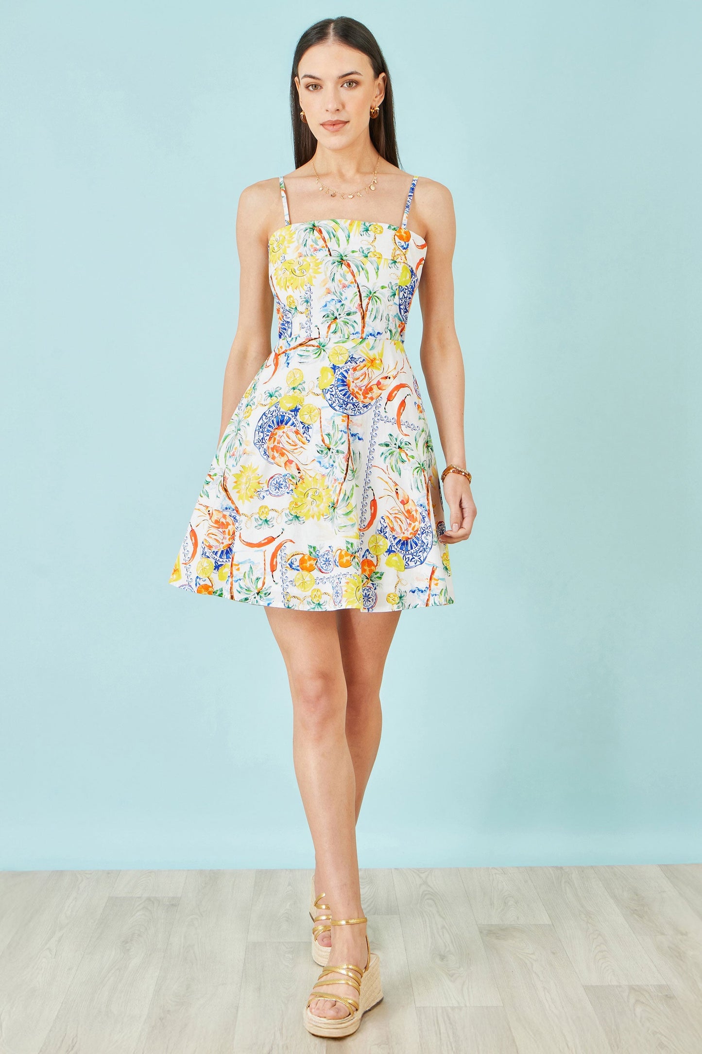 White Mediterranean Print Cotton Mini Sun Dress - Bascora