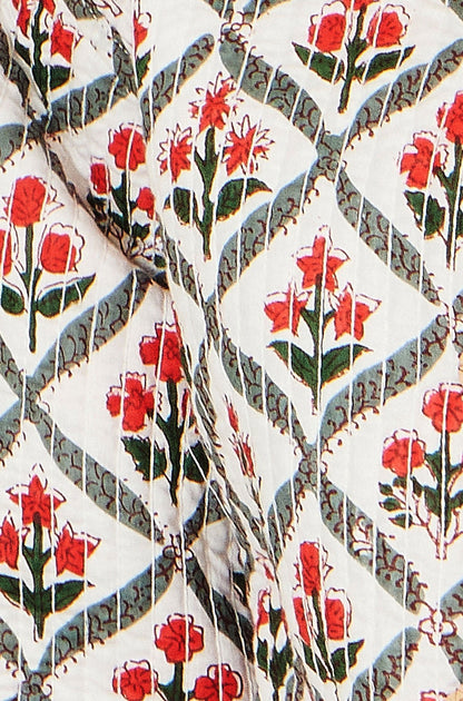 White Peacock Print Reversible Cotton Quilted Jacket - Bascora