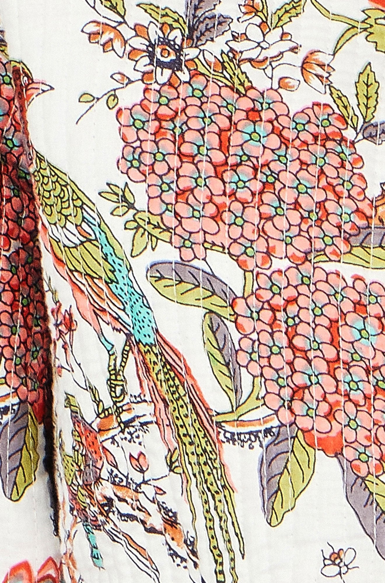 White Peacock Print Reversible Cotton Quilted Jacket - Bascora