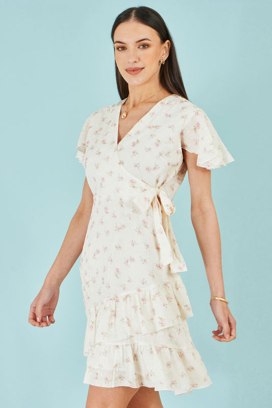 White Rose Print Wrap Over Frill Dress - Bascora