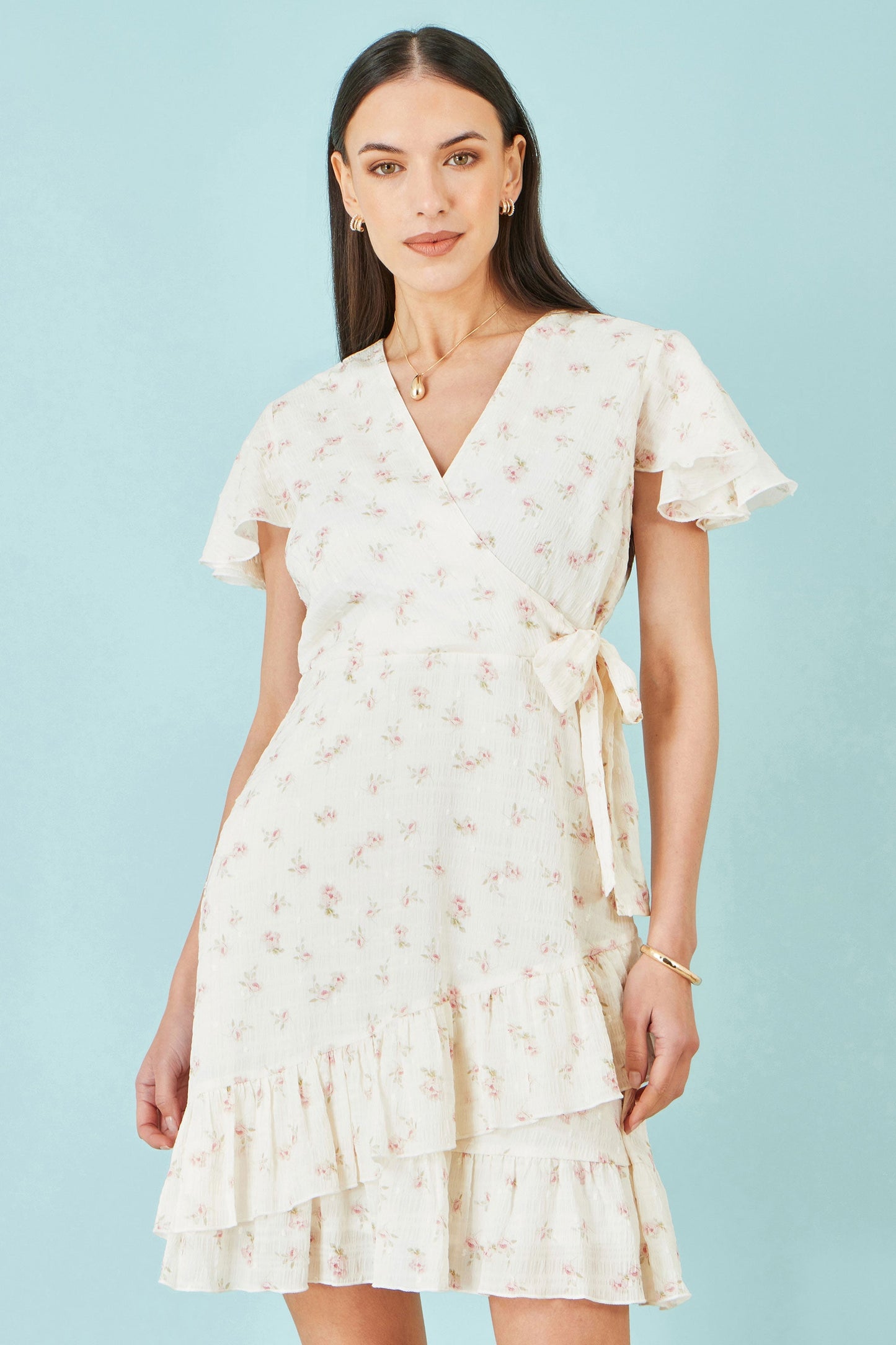 White Rose Print Wrap Over Frill Dress - Bascora