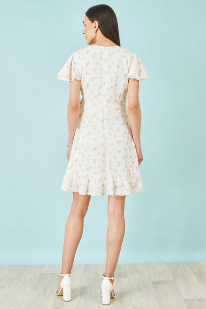 White Rose Print Wrap Over Frill Dress - Bascora