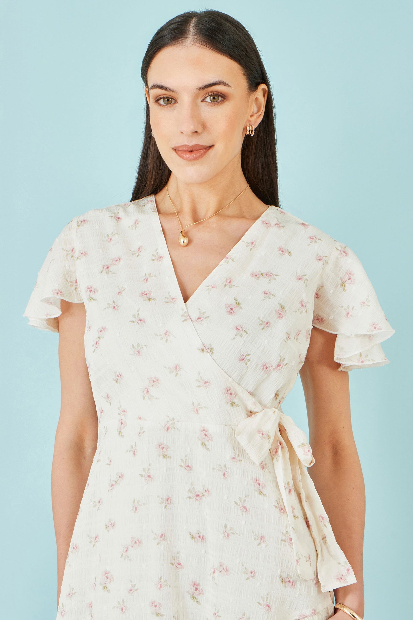 White Rose Print Wrap Over Frill Dress - Bascora