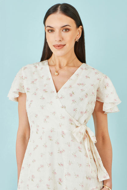 White Rose Print Wrap Over Frill Dress - Bascora
