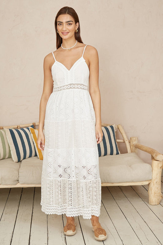 White Tiered Maxi Dress With Ruched Back - Bascora
