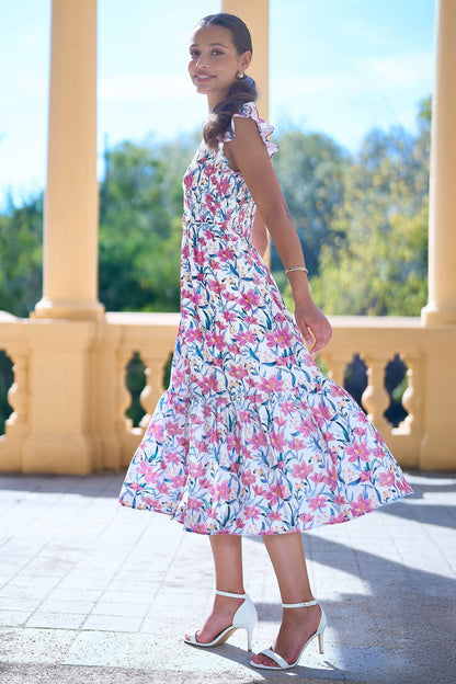 White Viscose Floral Ruched Waist Midi Dress - Bascora