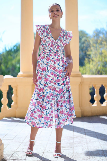 White Viscose Floral Ruched Waist Midi Dress - Bascora