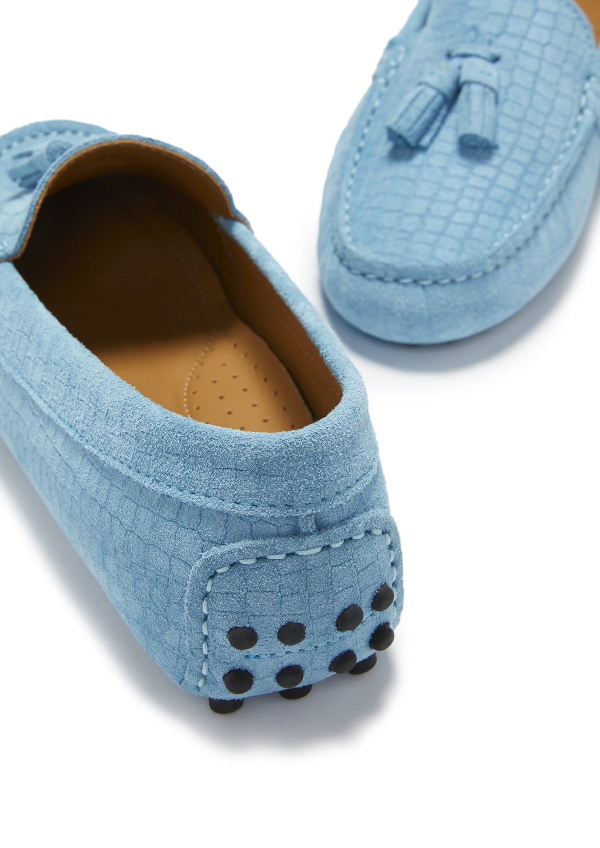 Hugs & Co. Women's Blue Embossed Suede Tasselled Driving Loafers