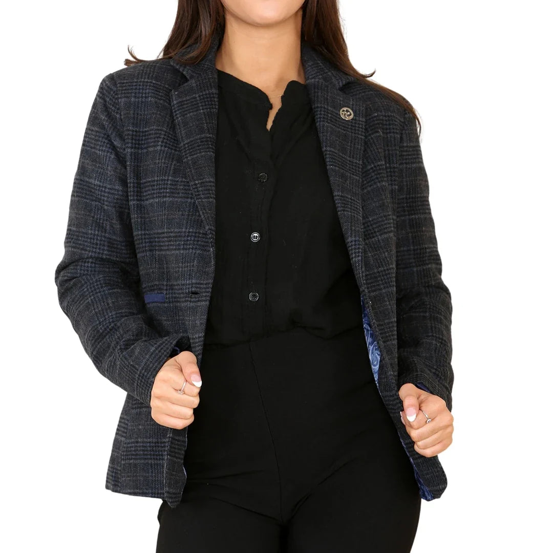 Women's Blue Tweed Check Waistcoat & Blazer Set by TruClothing