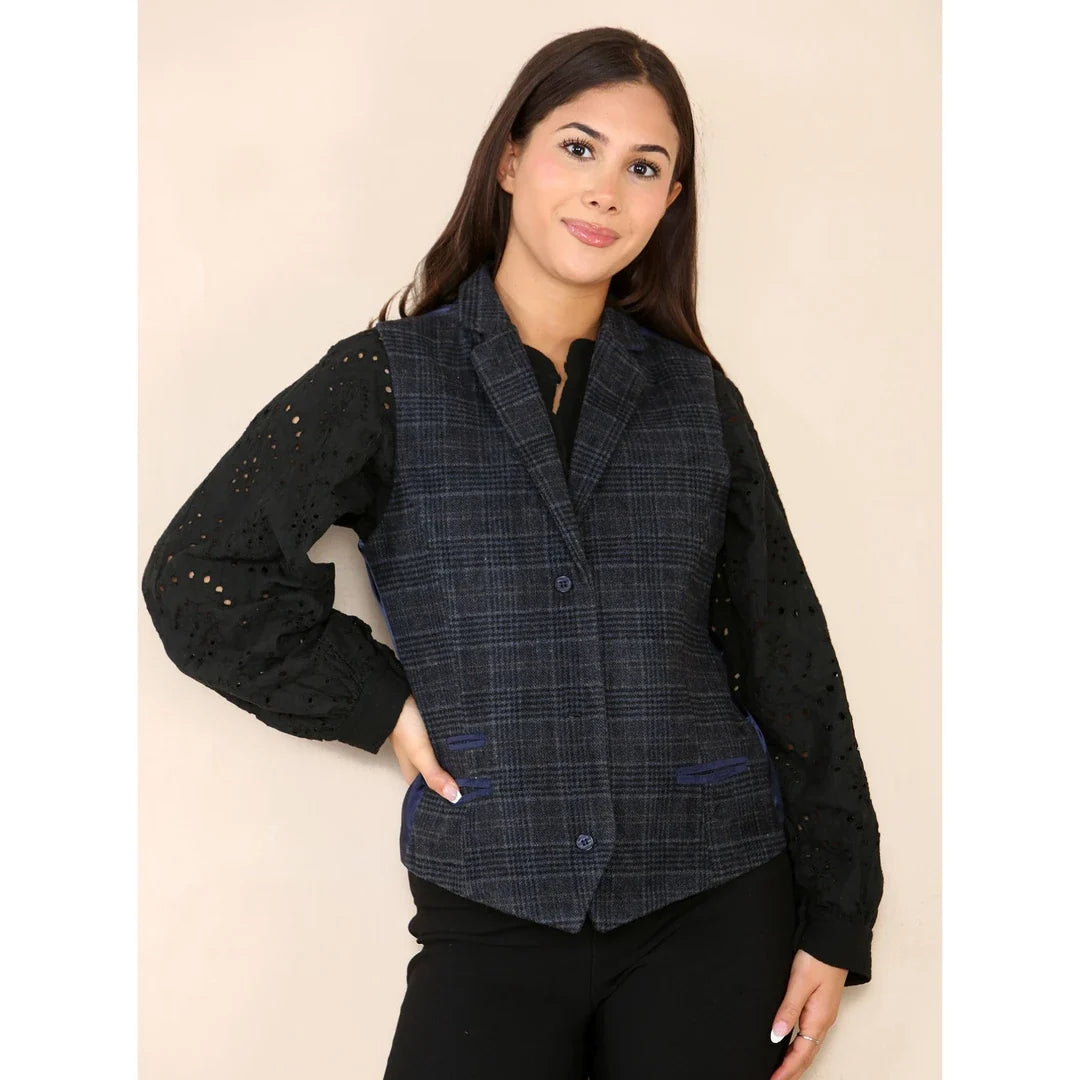 Women's Blue Tweed Check Waistcoat & Blazer Set by TruClothing