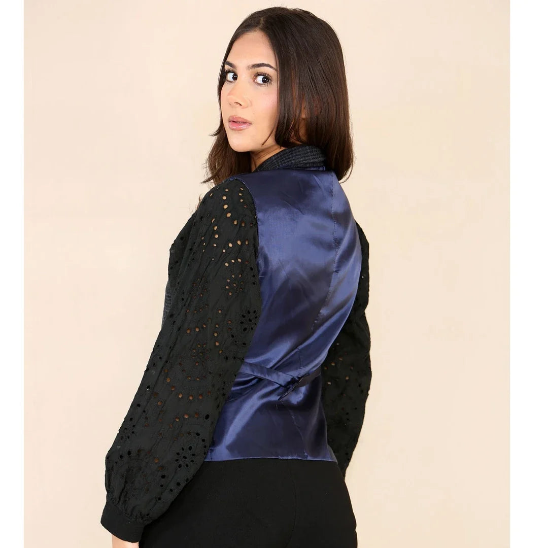 Women's Blue Tweed Check Waistcoat & Blazer Set by TruClothing