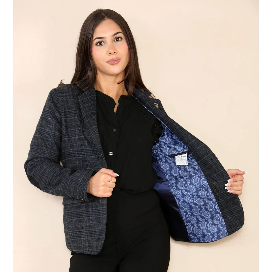 Women's Blue Tweed Check Waistcoat & Blazer Set by TruClothing