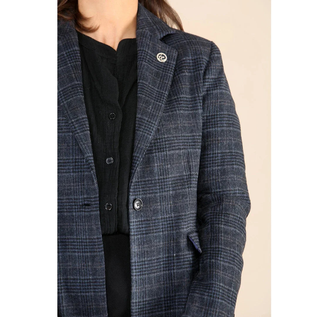 Women's Blue Tweed Check Waistcoat & Blazer Set by TruClothing