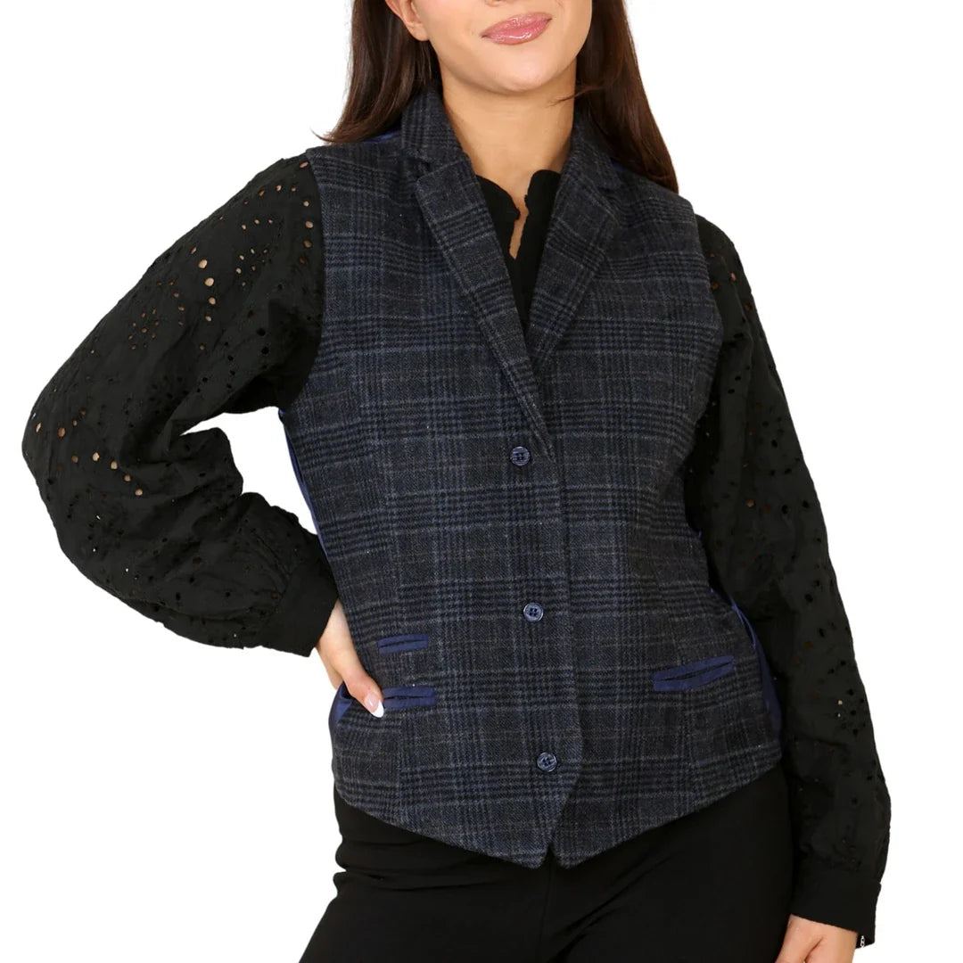 Women's Blue Tweed Check Waistcoat & Blazer Set by TruClothing