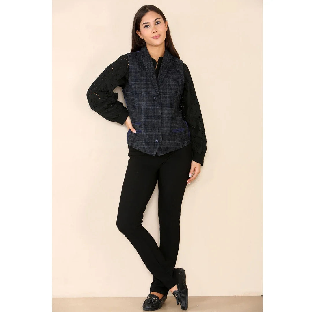 Women's Blue Tweed Check Waistcoat & Blazer Set by TruClothing