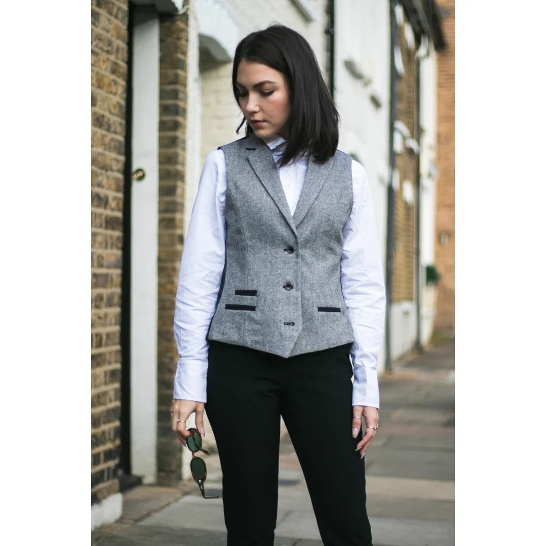 Women's Tweed Grey Blazer & Waistcoat with Elbow Patch 1920s Style by TruClothing