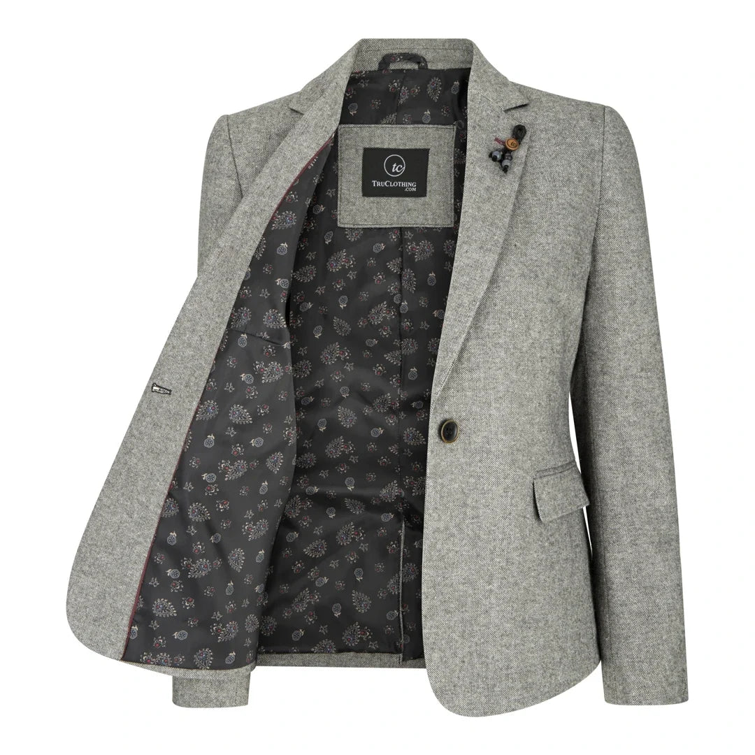 Women's Tweed Grey Blazer & Waistcoat with Elbow Patch 1920s Style by TruClothing