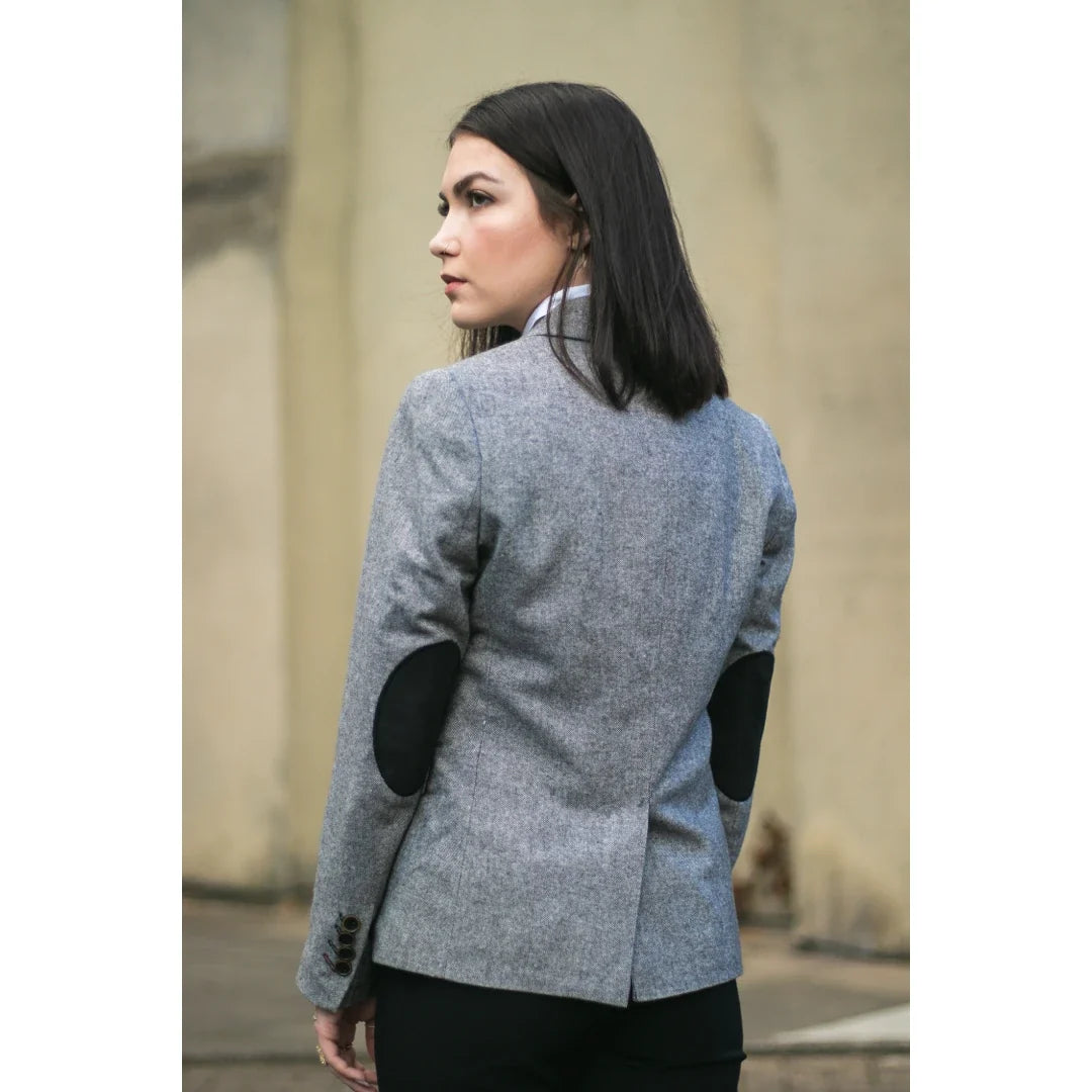 Women's Tweed Grey Blazer & Waistcoat with Elbow Patch 1920s Style by TruClothing