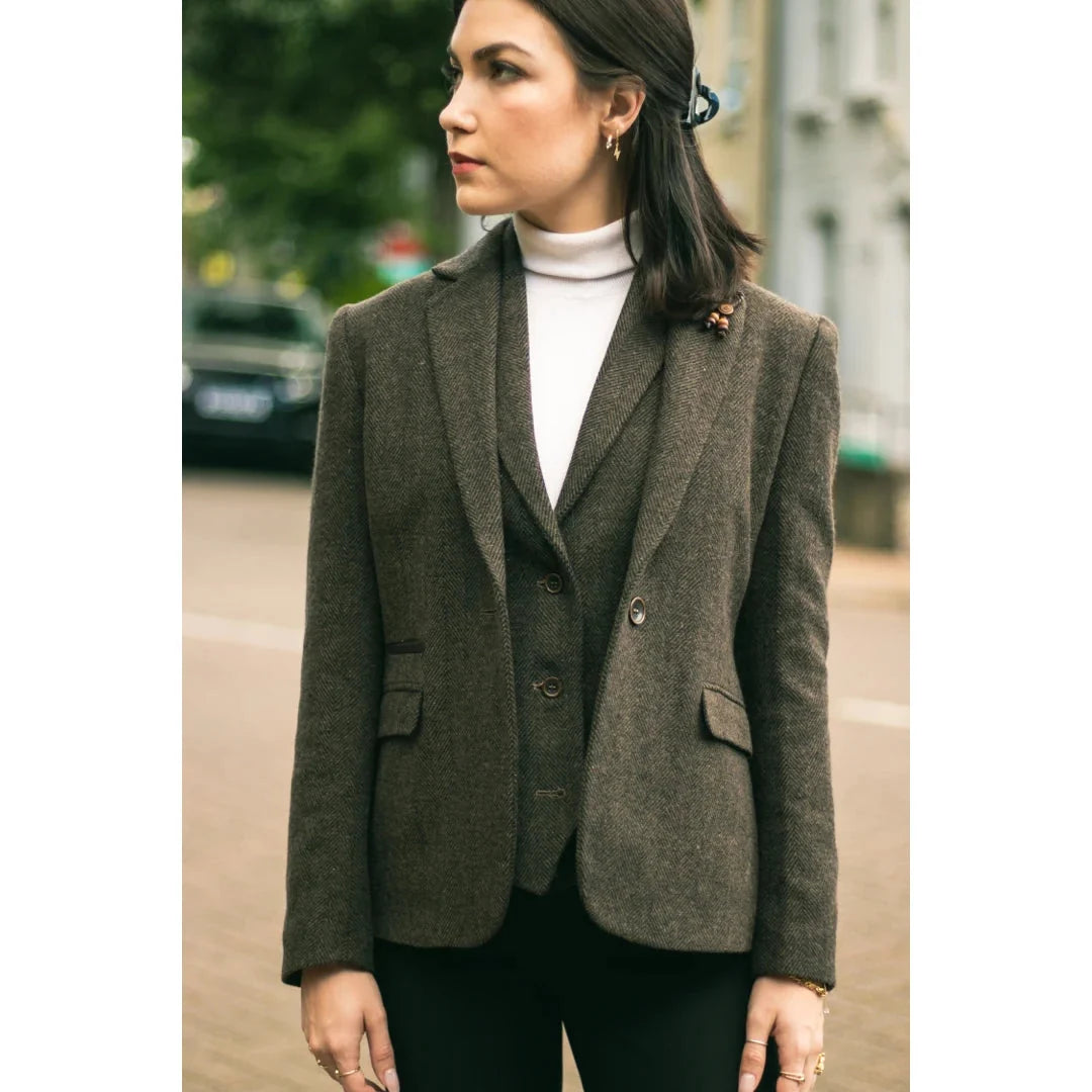 Women's Brown Tweed Blazer, Waistcoat & Trouser Classic Suit