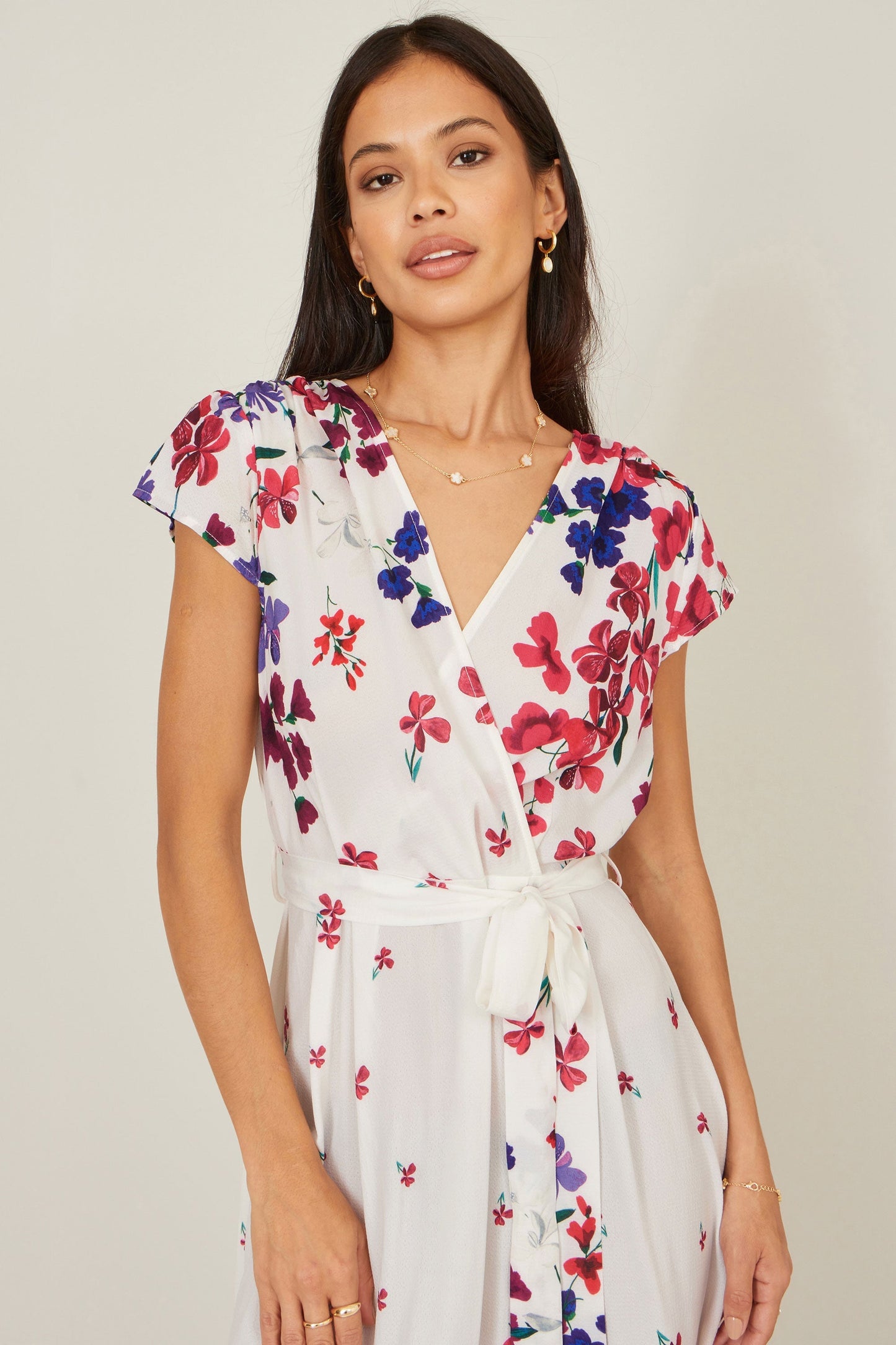 Yumi Ivory Floral Mirror Wrap Dress With Dip Hem - Bascora