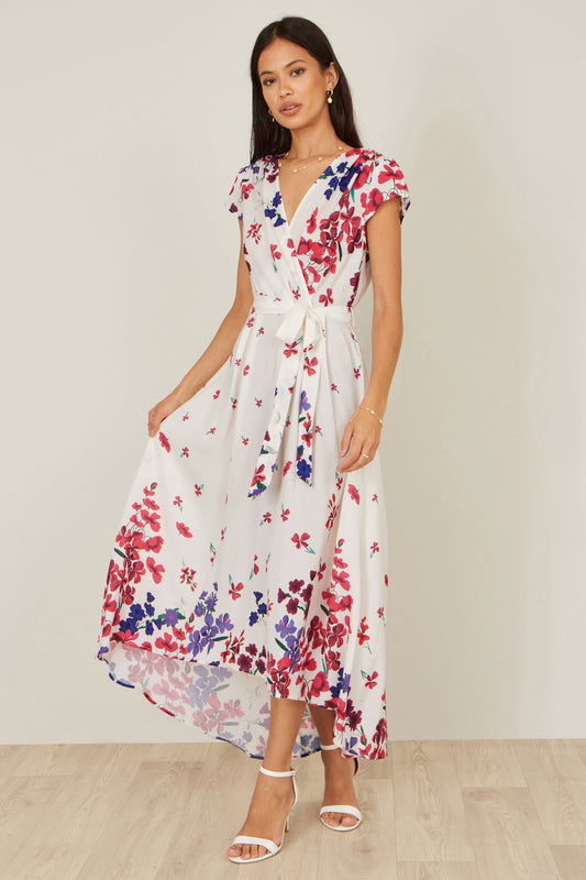 Yumi Ivory Floral Mirror Wrap Dress With Dip Hem - Bascora