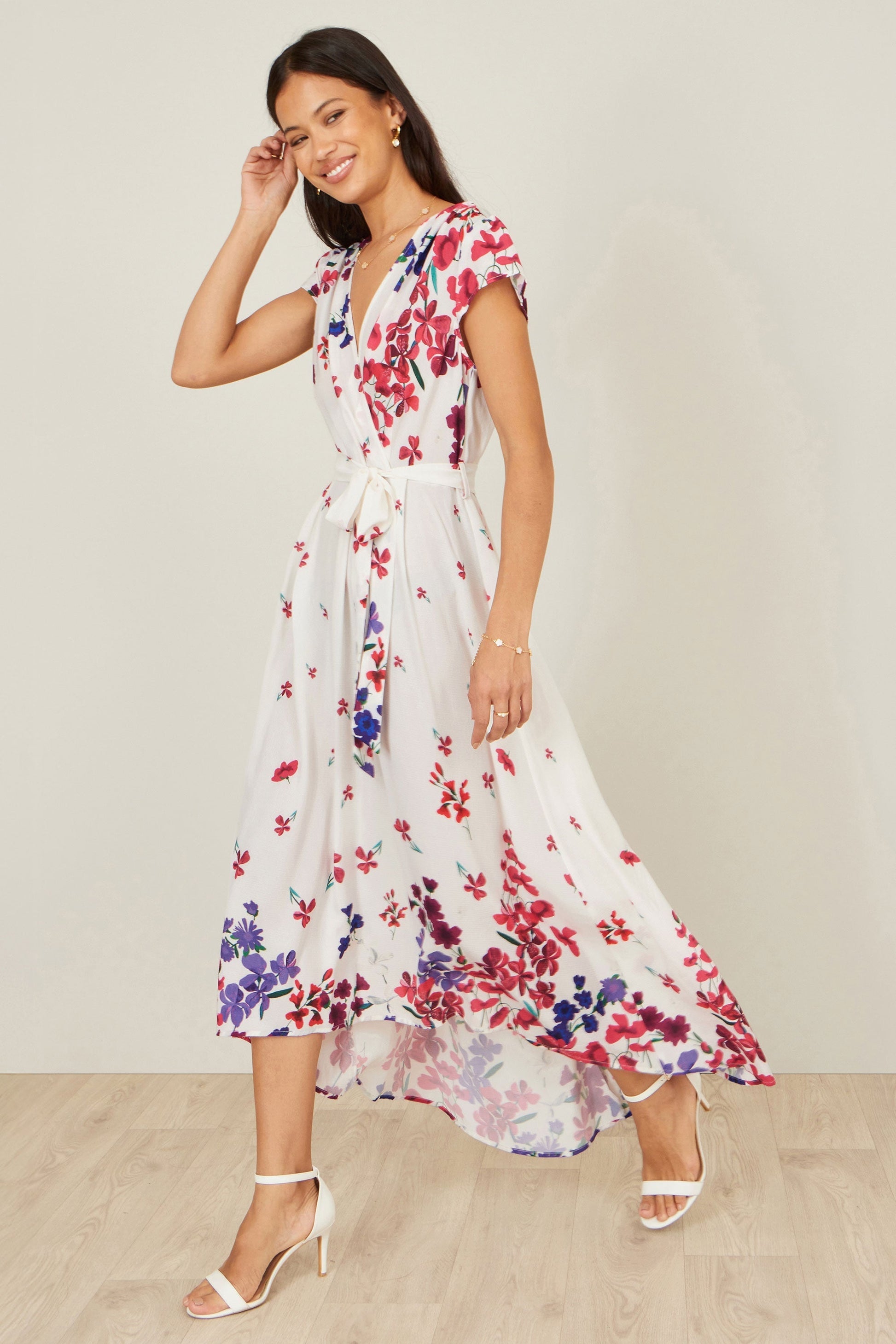 Yumi Ivory Floral Mirror Wrap Dress With Dip Hem - Bascora