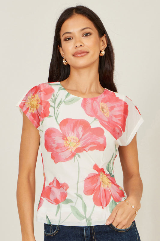 Yumi Ivory Poppy Print Mesh Top - Bascora