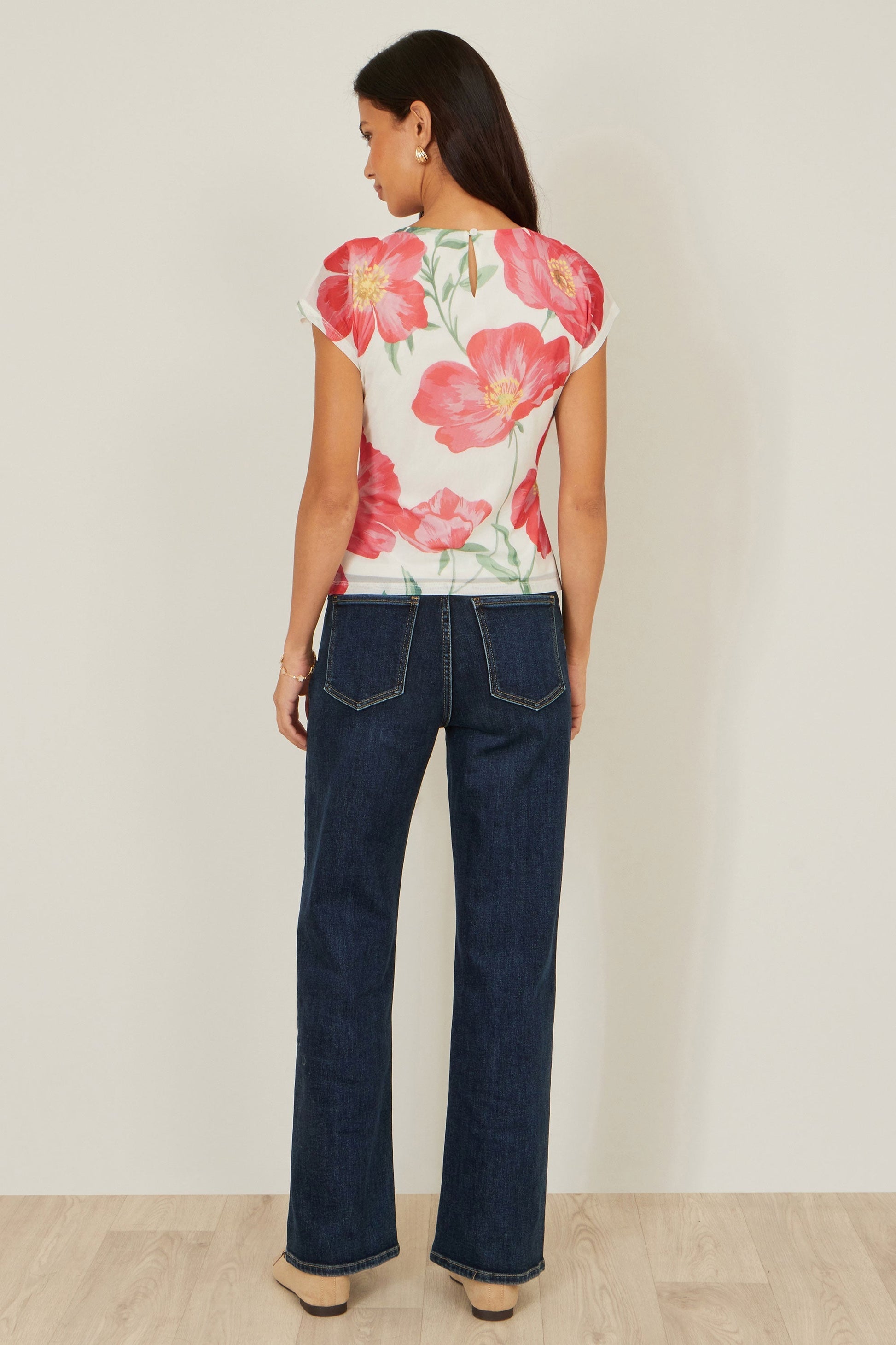 Yumi Ivory Poppy Print Mesh Top - Bascora