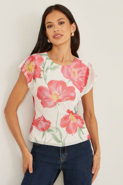 Yumi Ivory Poppy Print Mesh Top - Bascora