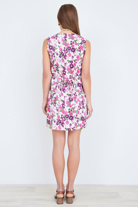 Yumi Pink Retro Floral Cotton Stretch Pinafore Dress - Bascora
