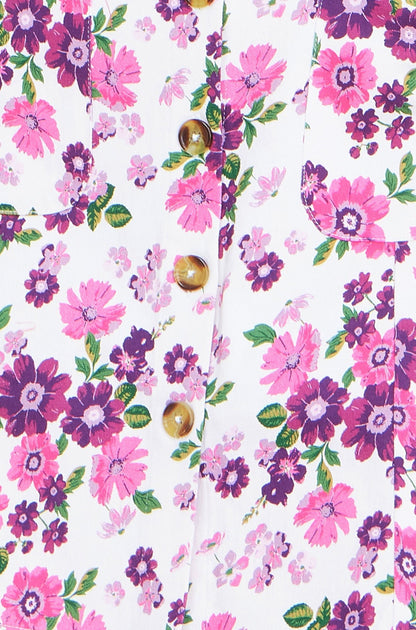 Yumi Pink Retro Floral Cotton Stretch Pinafore Dress - Bascora
