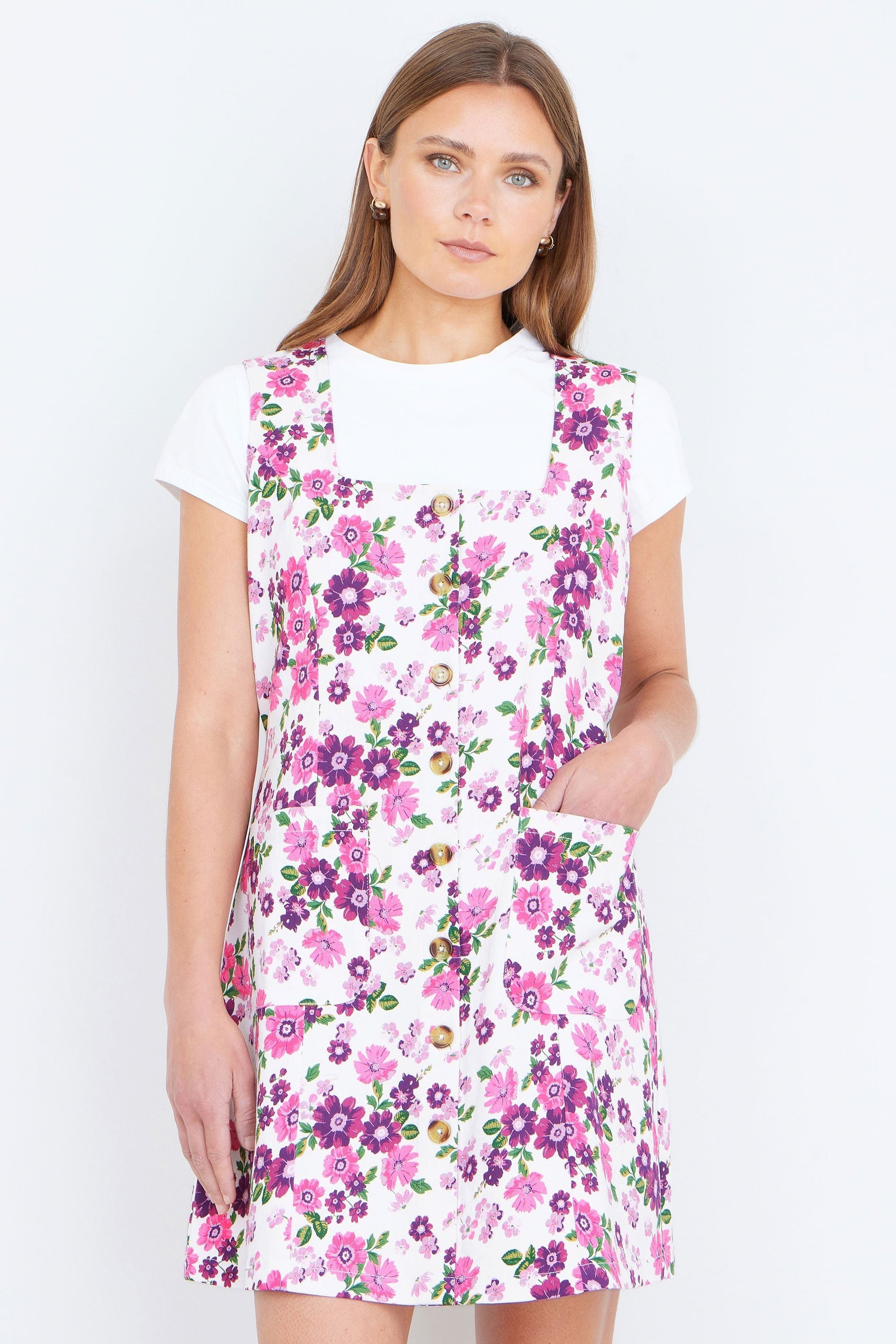 Yumi Pink Retro Floral Cotton Stretch Pinafore Dress - Bascora