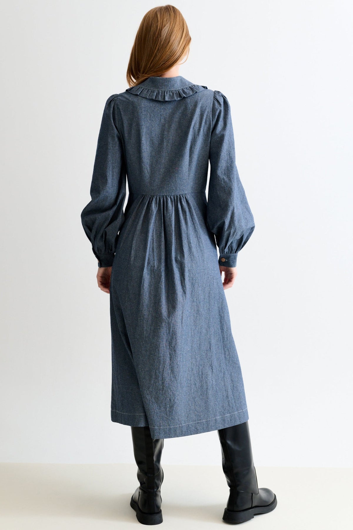 Zoya Chambray Zip Front, Frill Collar Midi Dress - Dark Grey - Bascora